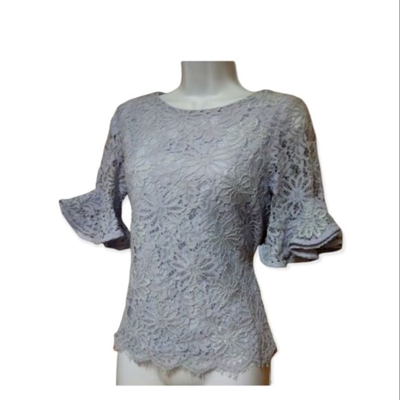 NANETTE LEPORE- SPRING FLING TOP IN SKY BLUE LACEY BELL SLEEVE CLASSY BLOUSE XS - Picture 4 of 14